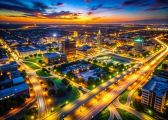 Wichita, Kansas City Map with Bokeh Lights - Aerial Night View