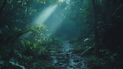 Fototapeta premium Lush Green Jungle Pathway Surrounded by Dense Foliage and Vibrant Flora Inviting Adventurers to Explore the Untamed Wilderness and Discover the Hidden Beauty of Nature Outdoors