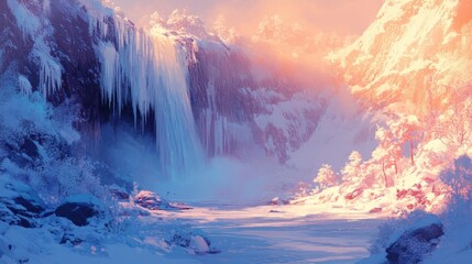 Fototapeta premium A frozen waterfall glistening in the morning sun, the surrounding scenery covered in thick layers of frost and ice