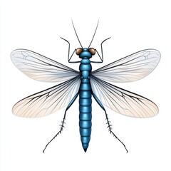 Blue Insect with Delicate Wings and Intricate Body Structure on White Background