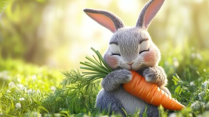 Obraz premium cute easter rabbit hugging carrot character vector illustration design