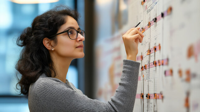 project manager analyzing timeline on wall, emphasizing quality checkpoints