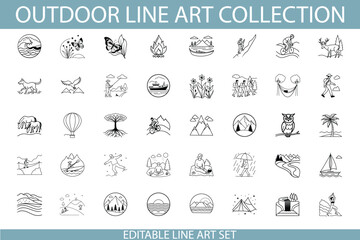 Editable Outdoor Line Art Collection Nature, Animals, Travel, Scenery
