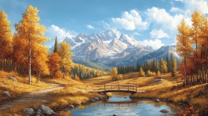 Autumnal mountain valley scene, bridge, calm stream