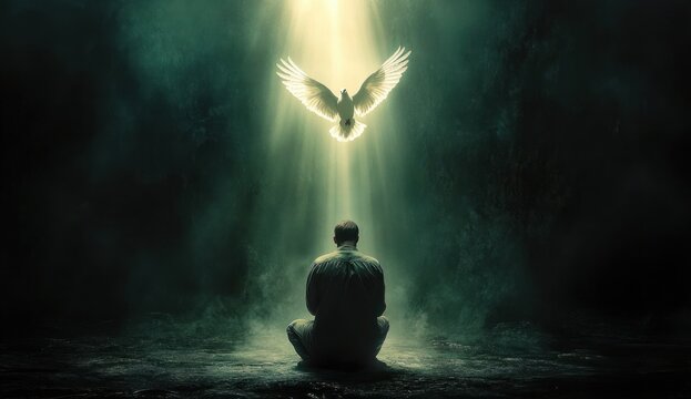 Pentecost Holy Spirit Dove Appearing to Kneeling Christian Man in Prayer