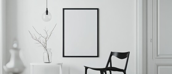 Modern minimalist living room setup featuring an empty frame, stylish chair, decorative plant, and pendant light. Perfect for home decor inspiration and design.