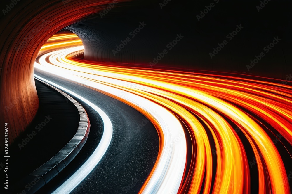 Poster a dynamic and colorful light trail captured in long exposure, weaving through a dark urban environme