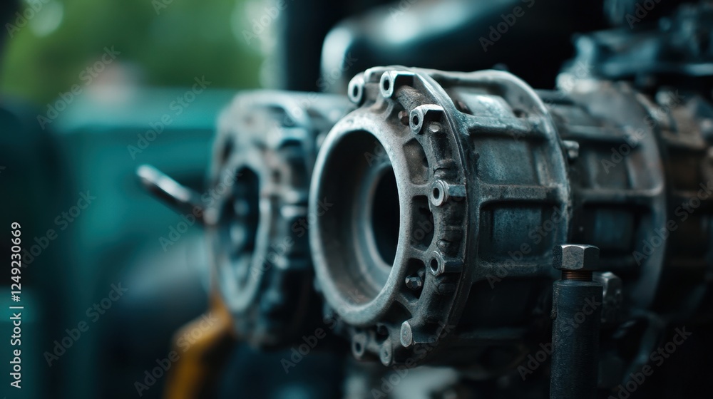 Poster close-up of an industrial engine component, highlighting its intricate design and metallic texture i