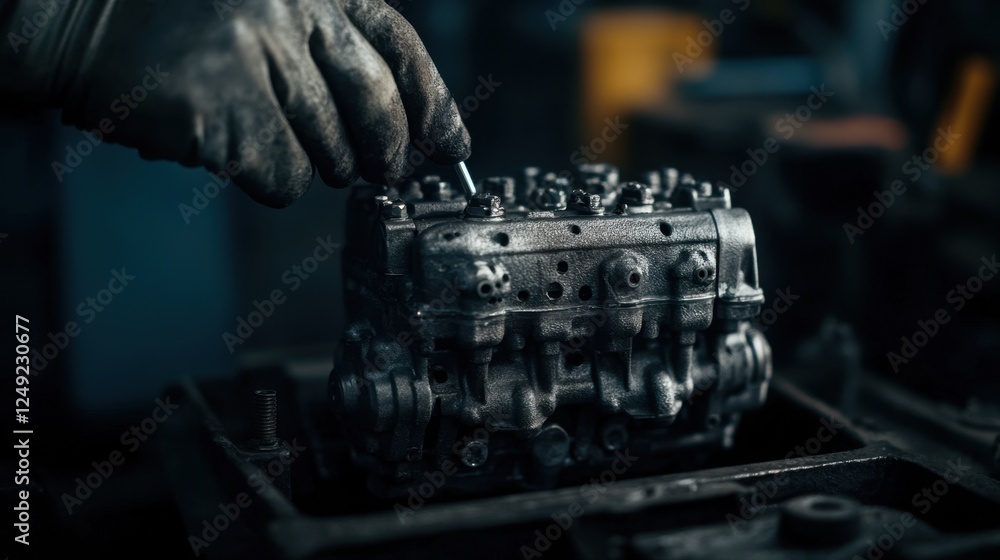 Poster a mechanic inspects a disassembled engine part, showcasing intricate details and tools in a dimly li