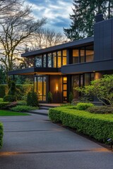 Fototapeta premium Modern architectural design of a sleek home at dusk surrounded by lush greenery and a well-maintained garden in a tranquil residential area