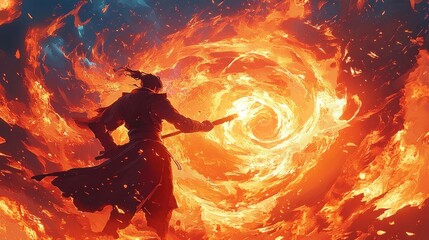 dynamic scene of warrior wielding fiery staff anime illustration action intensity