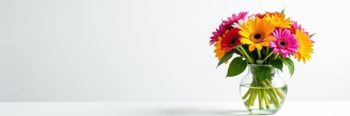 Fototapeta premium Colorful flower bouquet in clear glass vase against pure white, bloom, spring, bouquet