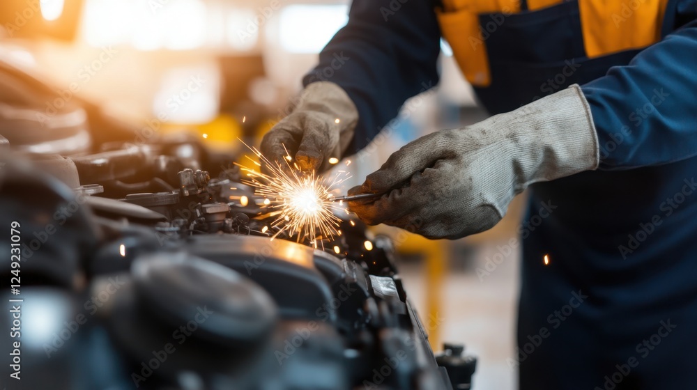 Poster a mechanic works on an engine, creating sparks while repairing it in a workshop, showcasing precisio