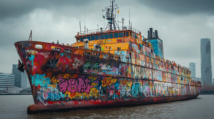 Large boat covered in colorful graffiti on the water with urban background