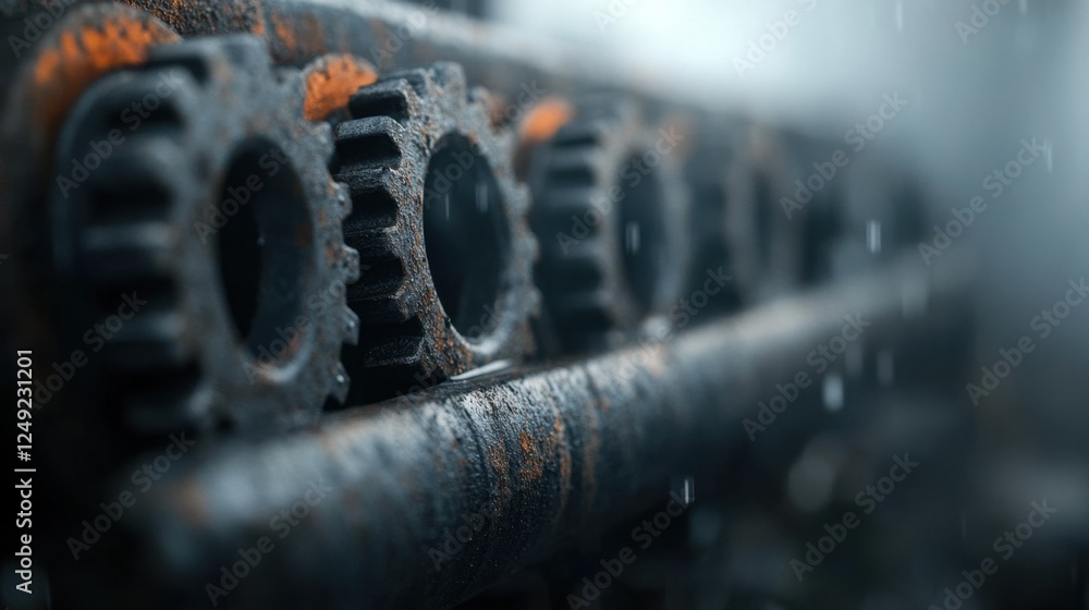 Poster a close-up view of rusty gears and machinery, showcasing intricate details and textures, with a blur