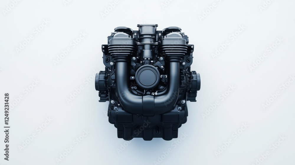 Poster a detailed view of a black engine, showcasing its components and design, emphasizing mechanical prec