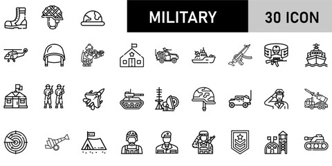Minimalist Military Icon Pack | 30 Outline Vector Icons, Editable stroke. 