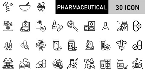 Minimalist Pharmaceutical Icon Pack | 30 Outline Vector Icons, Editable stroke. 