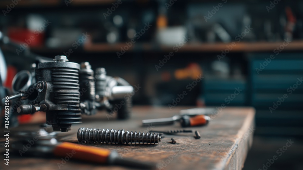 Poster a close-up view of mechanical components and tools on a wooden workbench in a workshop, showcasing a