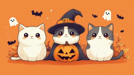 Obraz premium Cute Cartoon Cats in Halloween Costumes with Witch Hat Pumpkin and Ghost