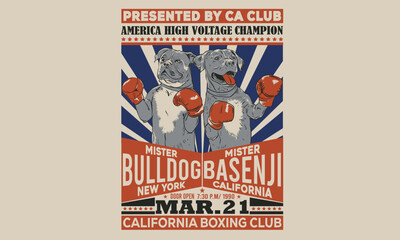 Boxing club artwork. Boxing poster design. Pet design. Dog boxing academy graphic print design for apparel, stickers, posters and background.
