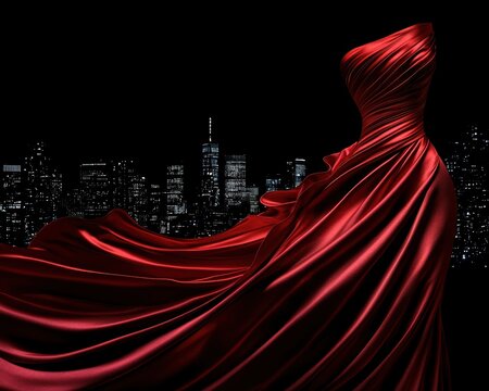 A glamorous evening gown in rich velvet fabric, modeled under dramatic lighting with a city skyline twinkling in the background