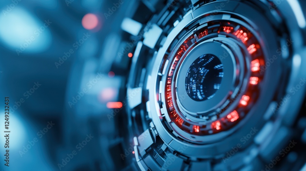 Poster a futuristic, close-up view of a metallic device with glowing red lights, showcasing intricate patte