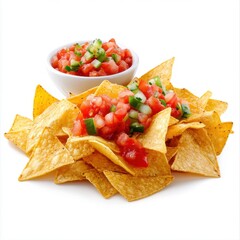 Crispy Tortilla Triangles with Fresh Salsa Garnish on a Clean White Background
