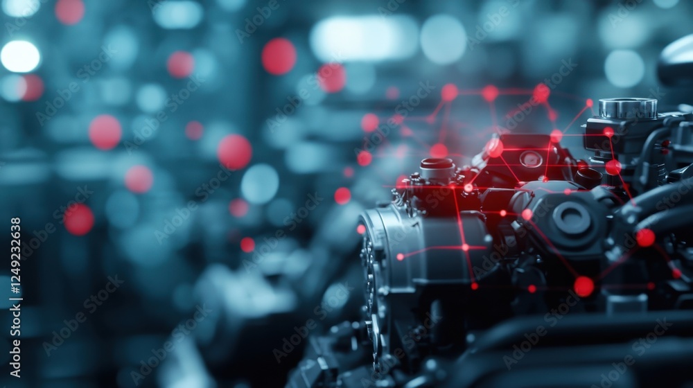 Poster a close-up view of a futuristic machine component, featuring intricate details and glowing red light
