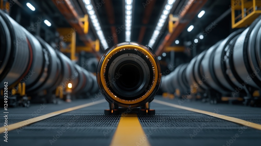 Aufkleber a close-up view of a cylindrical object in a well-lit industrial setting, surrounded by large, simil