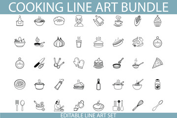 Fototapeta premium Cooking Line Art Bundle Editable Vector Illustrations for Food Blogs