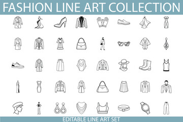 Naklejka premium Editable Fashion Line Art Collection Apparel, Shoes, Accessories, Icons