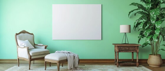 Scandinavian living room featuring mint green walls, elegant furniture, cozy seating area, decorative plants, and a blank canvas for personalized art. Interior design.