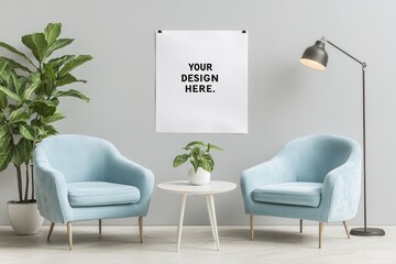 Modern living room setup featuring light blue armchairs, a round coffee table, indoor plants, and a customizable wall poster for design projects. Home decor. Template.