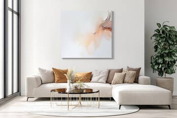 Scandinavian living room with a cozy beige sofa, abstract wall art, modern coffee table, indoor plants, and decorative pillows for a serene home atmosphere.