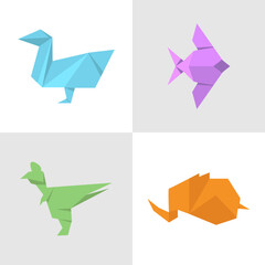 Origami animal icons set cartoon vector Japanese origami folded paper figure