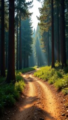 Fototapeta premium Dusty brown track curves through tall pine trees , sunlight, dust, summer heat