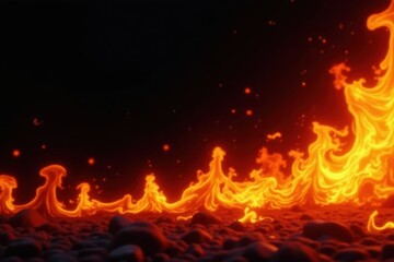Fototapeta premium Fiery orange and yellow flames engulfing black space, light, fire, visual