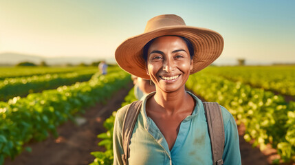 middle-aged woman, agribusiness entrepreneur, wearing a hat, with a beautiful smile on her face