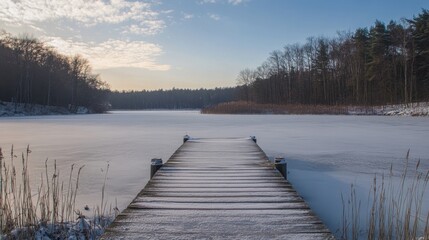 Fototapeta premium A lonely wooden pier extending into a frozen lake, emphasizing solitude and tranquility