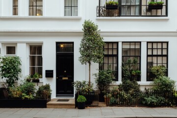 Fototapeta premium Elegant urban entrance with lush greenery in front of a black door and well-maintained plants during a sunny day in a city street