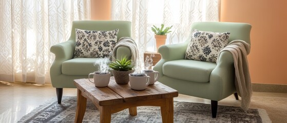 Scandinavian style living room with mint green armchairs, decorative cushions, wooden coffee table, indoor plants, and natural lighting. Home decor inspiration.