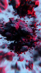 Abstract explosion of dark rock fragments with vibrant red accents around them.