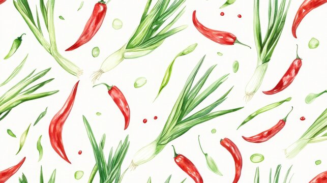 A seamless pattern with the isolated green onion and red chili peppers, painted hand drawn in a watercolor on a white background