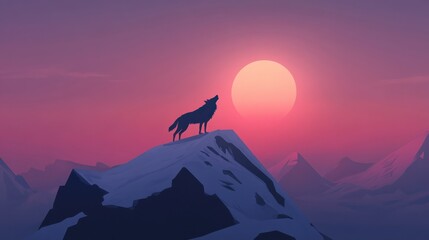 A lone wolf standing on a frozen peak, howling at the moon under an eerie twilight sky