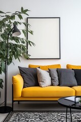 Modern living room featuring a bright yellow sofa with decorative pillows, a stylish floor lamp, and a black coffee table. Perfect for interior design inspiration.
