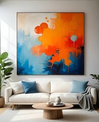 The image shows a modern living room with a white sofa, blue cushions, and a wooden coffee table. A large abstract painting with blue and orange colors hangs on the wall above a potted plant.