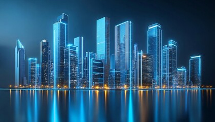Fototapeta premium Modern city skyline illuminated at dusk, showcasing the vibrant energy of ambition and innovation in a bustling urban environment, reflecting advancements in business technology.