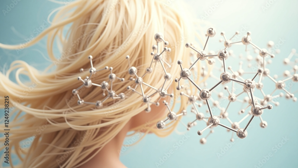 Poster the blonde hair is shown, which smoothly merges into a structure resembling a molecular network. thi