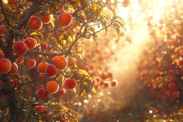 Lush peach orchard bathed in golden sunlight with ripe fruit ready for harvest